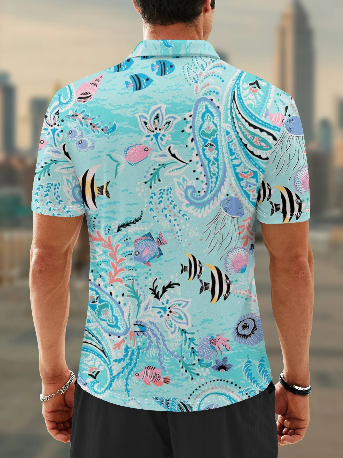 Moisture Wicking Ocean Fish Paisley Golf Polo