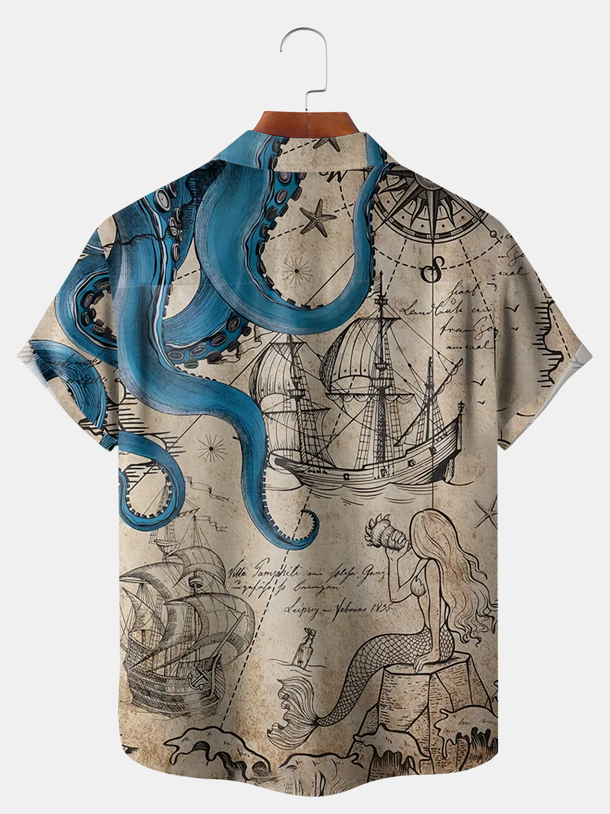 Big Size Moisture Wicking Hawaiian Octopus Map Chest Pocket Casual Shirt