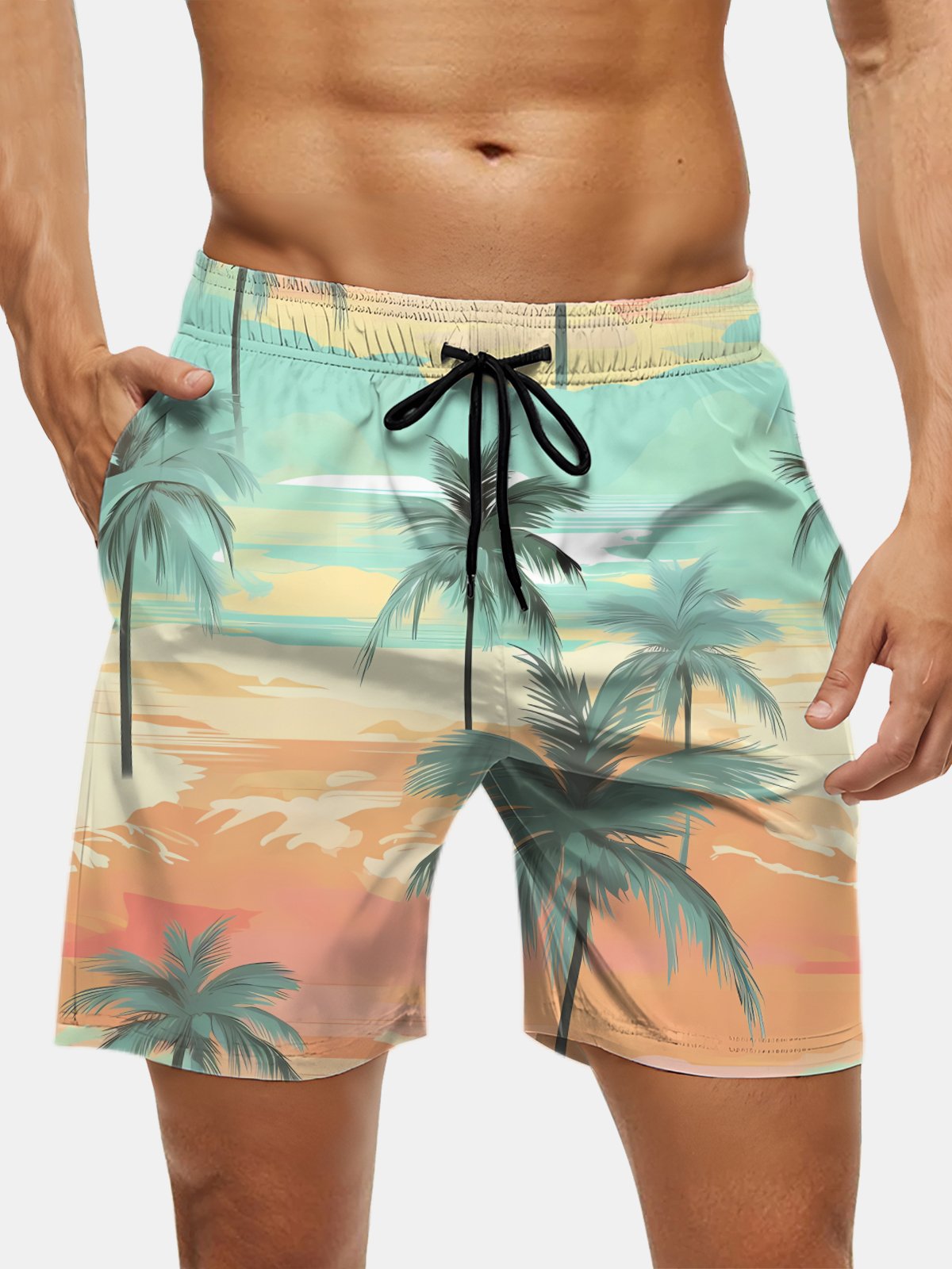 Men's Swim Trunks Hawaiian Tropical Palm Tree Beach Shorts with Pockets