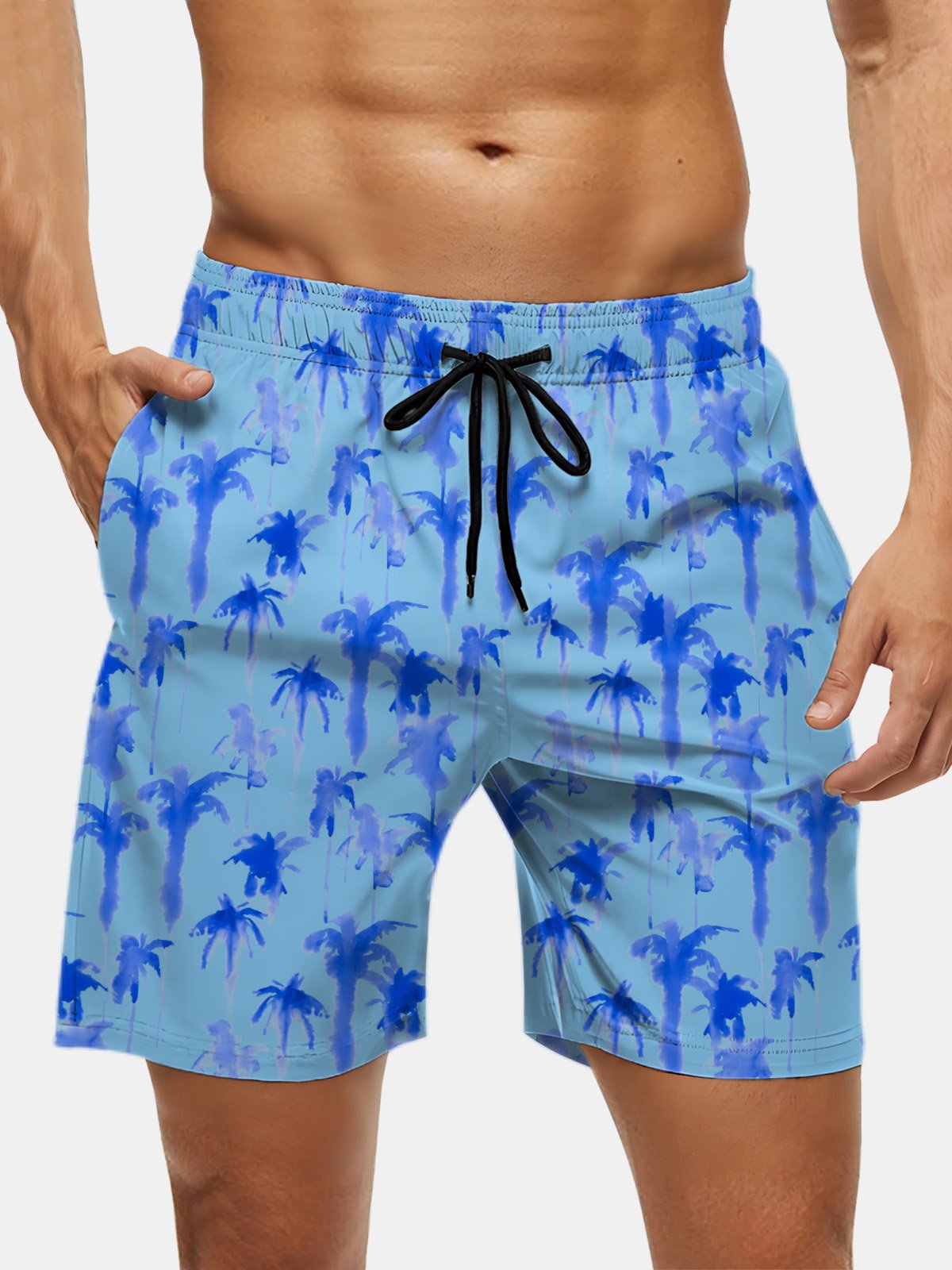 Men's Swim Trunks Hawaiian Tropical Palm Tree Beach Shorts with Pockets