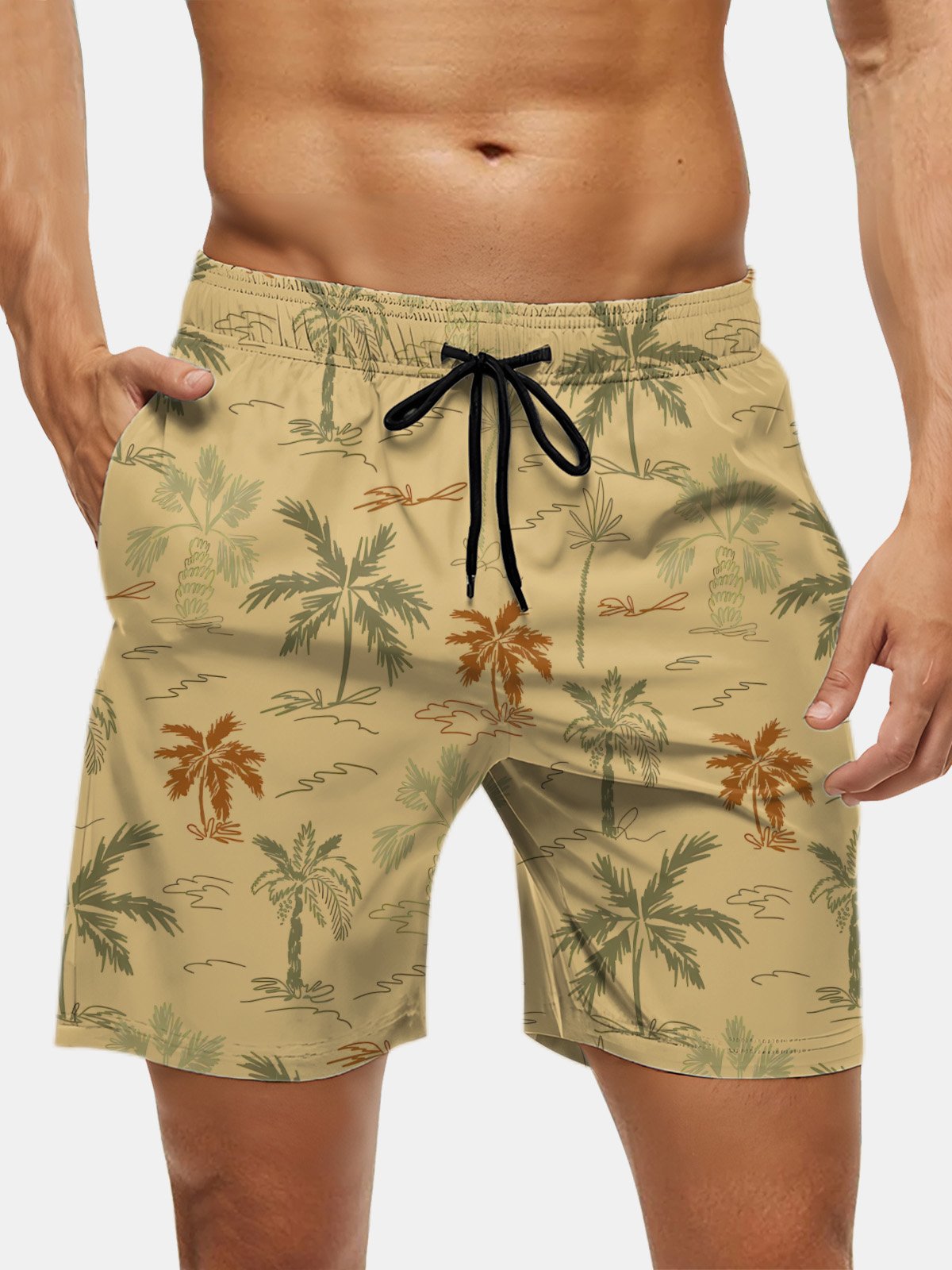 Men's Swim Trunks Hawaiian Tropical Palm Tree Beach Shorts with Pockets