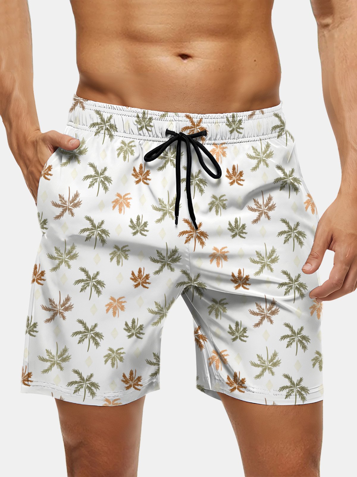 Men's Swim Trunks Hawaiian Tropical Palm Tree Beach Shorts with Pockets