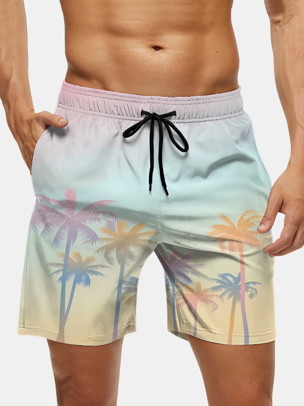 Men's Swim Trunks Hawaiian Tropical Palm Tree Beach Shorts with Pockets