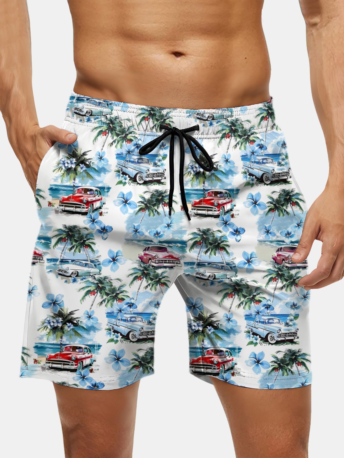 Men's Swim Trunks Hawaiian Tropical Palm Tree Beach Shorts with Pockets