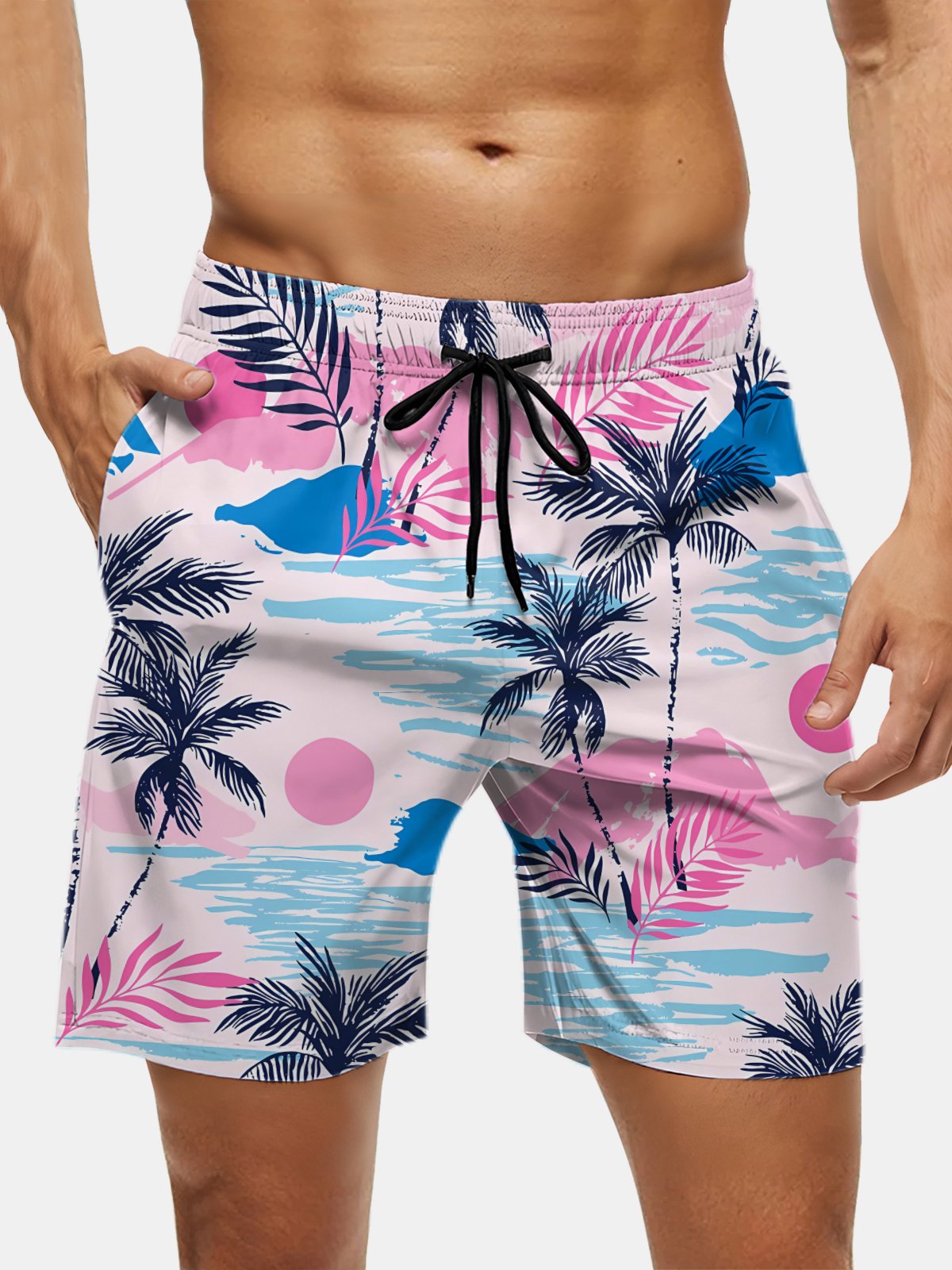 Men's Swim Trunks Hawaiian Tropical Palm Tree Beach Shorts with Pockets