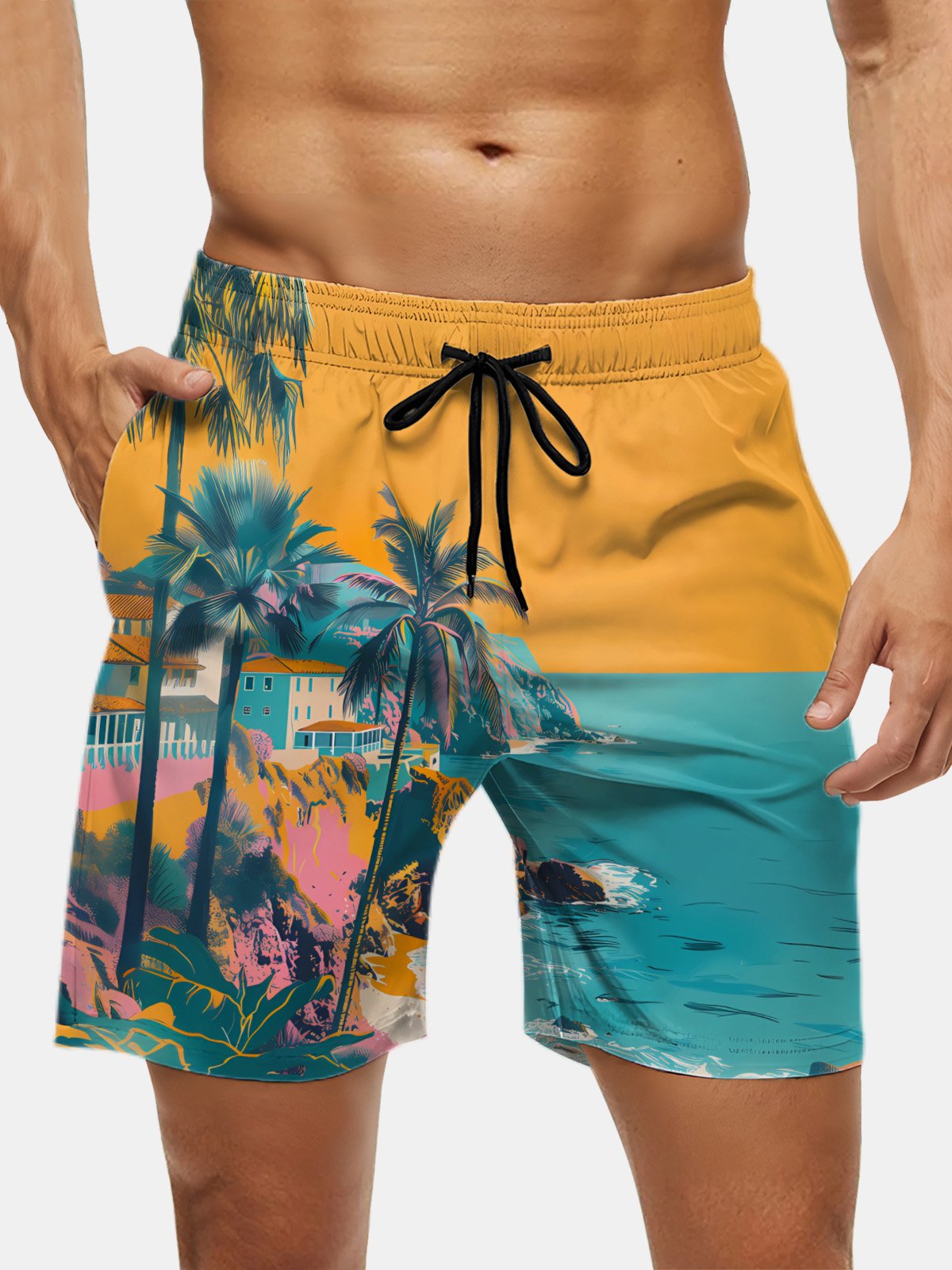 Men's Swim Trunks Hawaiian Tropical Palm Tree Beach Shorts with Pockets