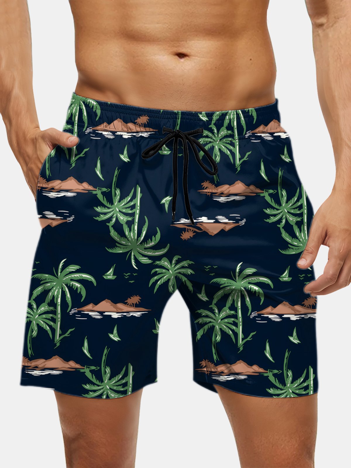 Men's Swim Trunks Hawaiian Tropical Palm Tree Beach Shorts with Pockets
