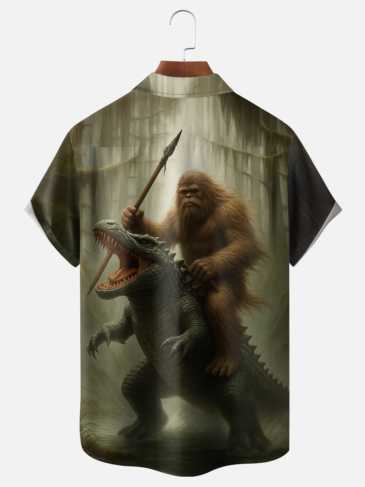 Moisture-wicking Bigfoot vs. Godzilla Chest Pocket Hawaiian Shirt