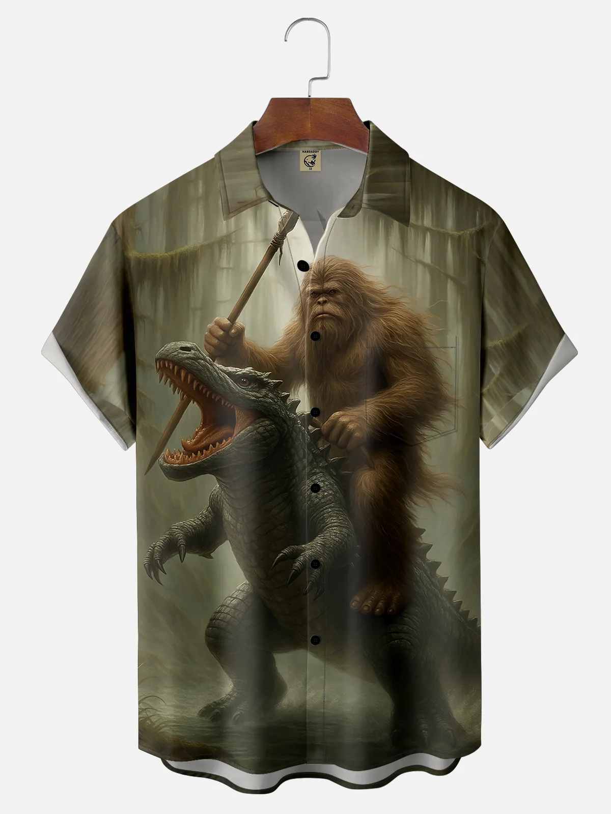 Moisture-wicking Bigfoot vs. Godzilla Chest Pocket Hawaiian Shirt