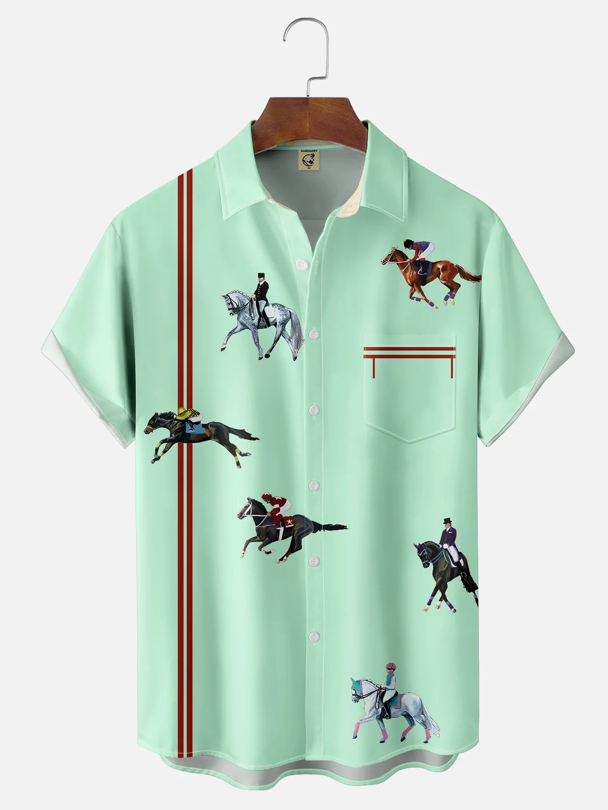 Moisture-wicking Horse Racing Fun Art Chest Pocket Bowling Shirt