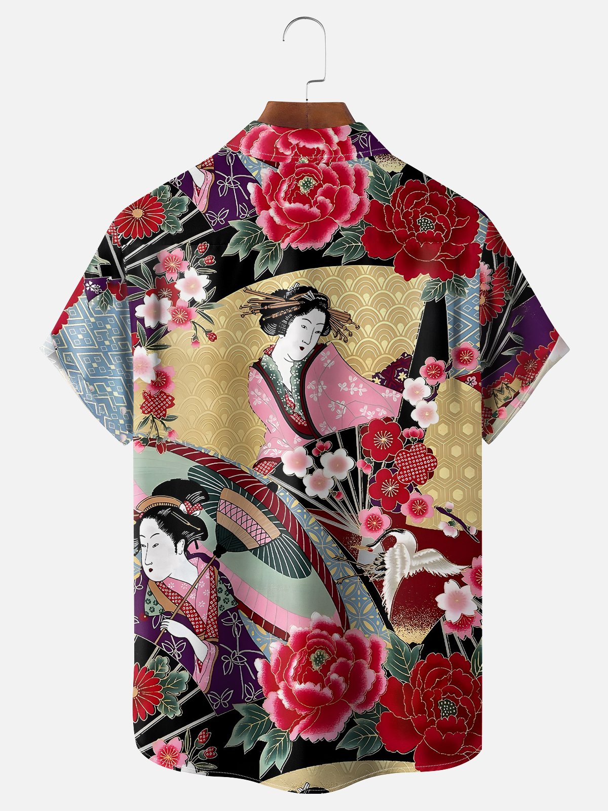 Moisture-wicking Vintage Japanese Geisha Ukiyo-e Art Chest Pocket Casual Shirt