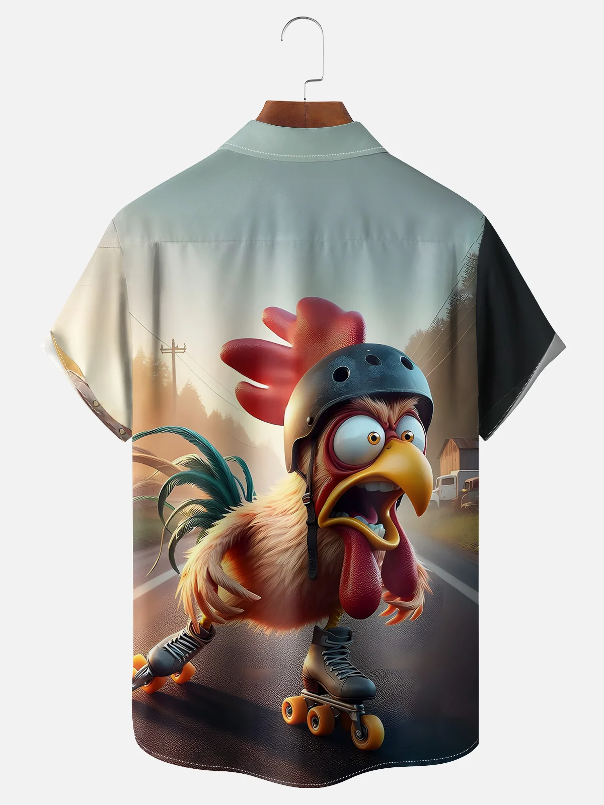 Moisture-wicking Roller Skating Chicken Fun Chest Pocket Hawaiian Shirt