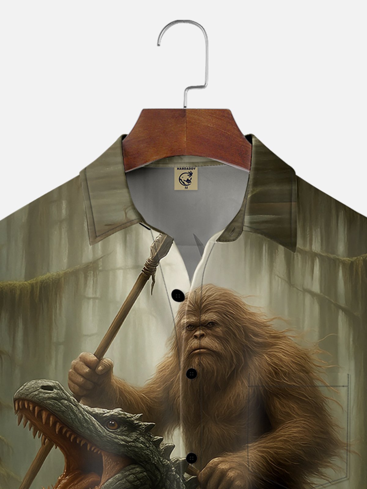 Moisture-wicking Bigfoot vs. Godzilla Chest Pocket Hawaiian Shirt