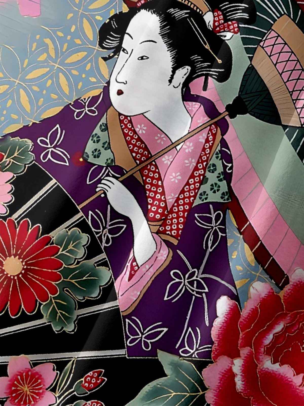 Moisture-wicking Vintage Japanese Geisha Ukiyo-e Art Chest Pocket Casual Shirt