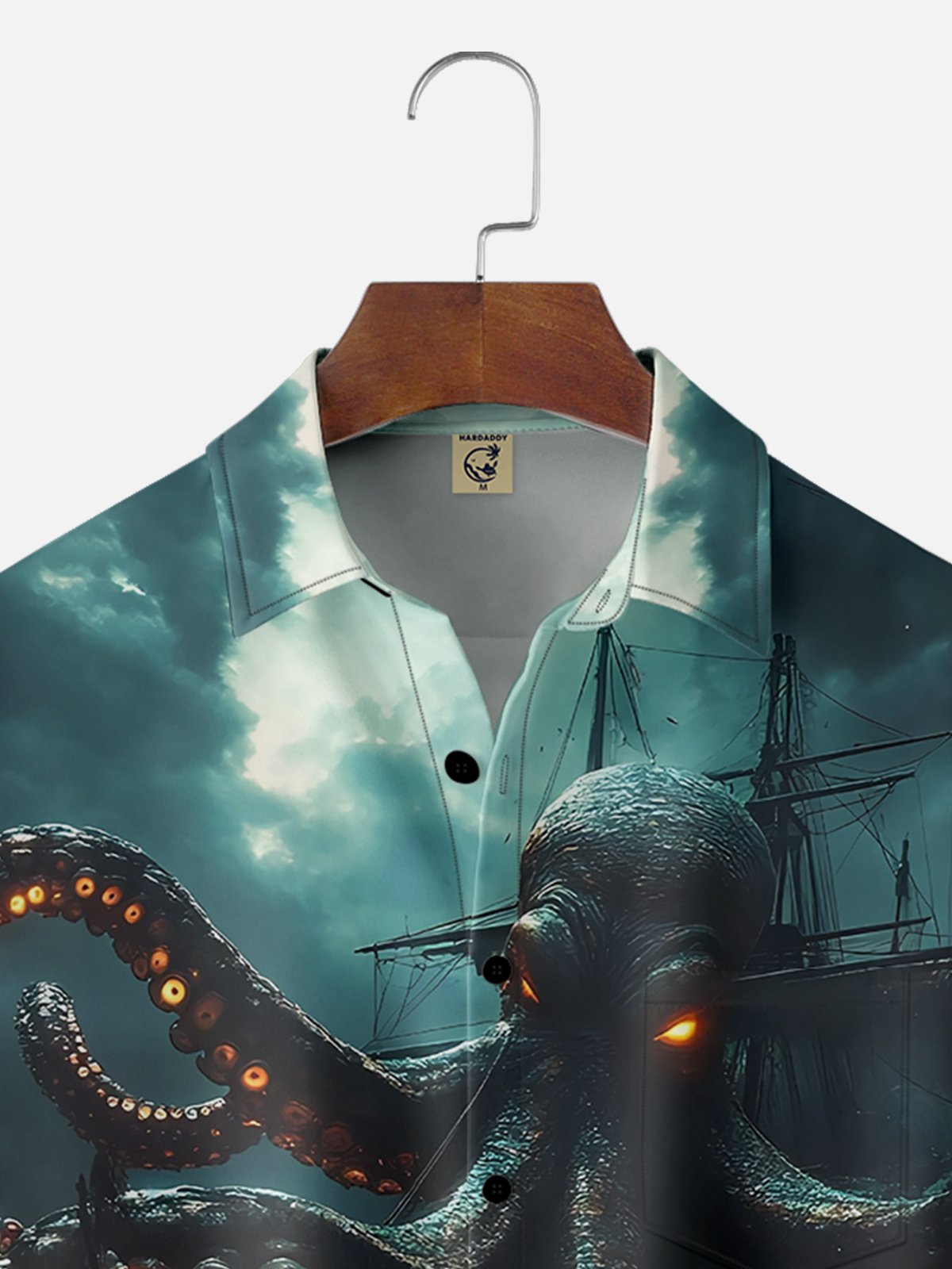 Moisture-wicking Giant Octopus Pirate Ship Chest Pocket Hawaiian Shirt