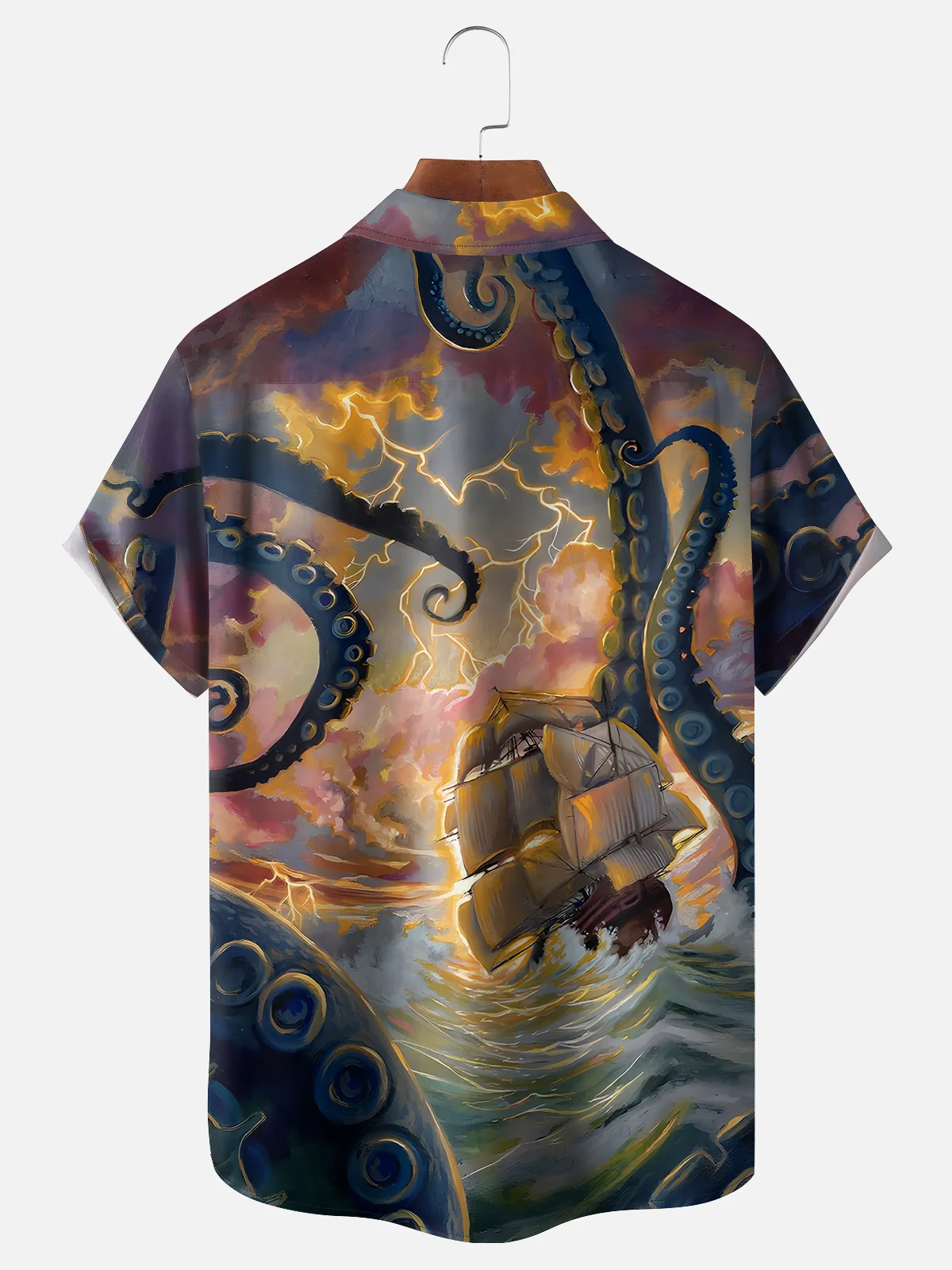 Moisture-wicking Giant Octopus Pirate Ship Chest Pocket Hawaiian Shirt