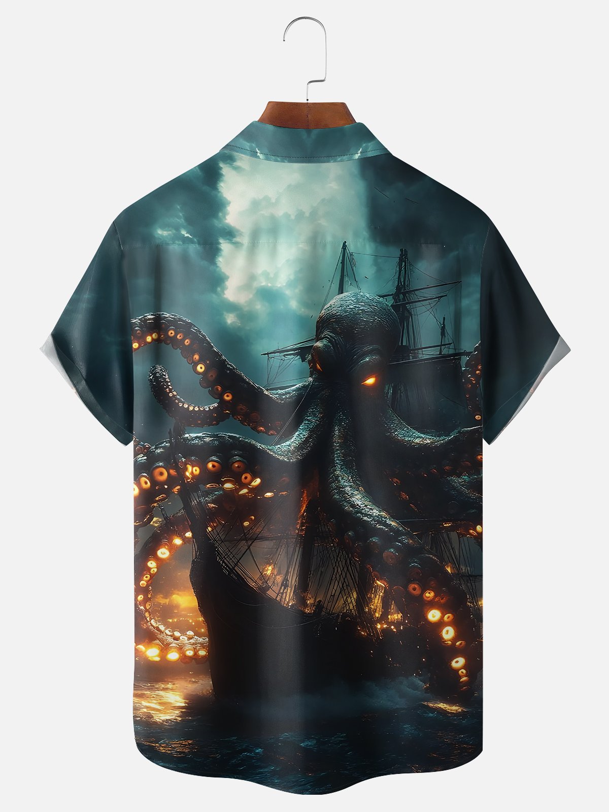 Moisture-wicking Giant Octopus Pirate Ship Chest Pocket Hawaiian Shirt