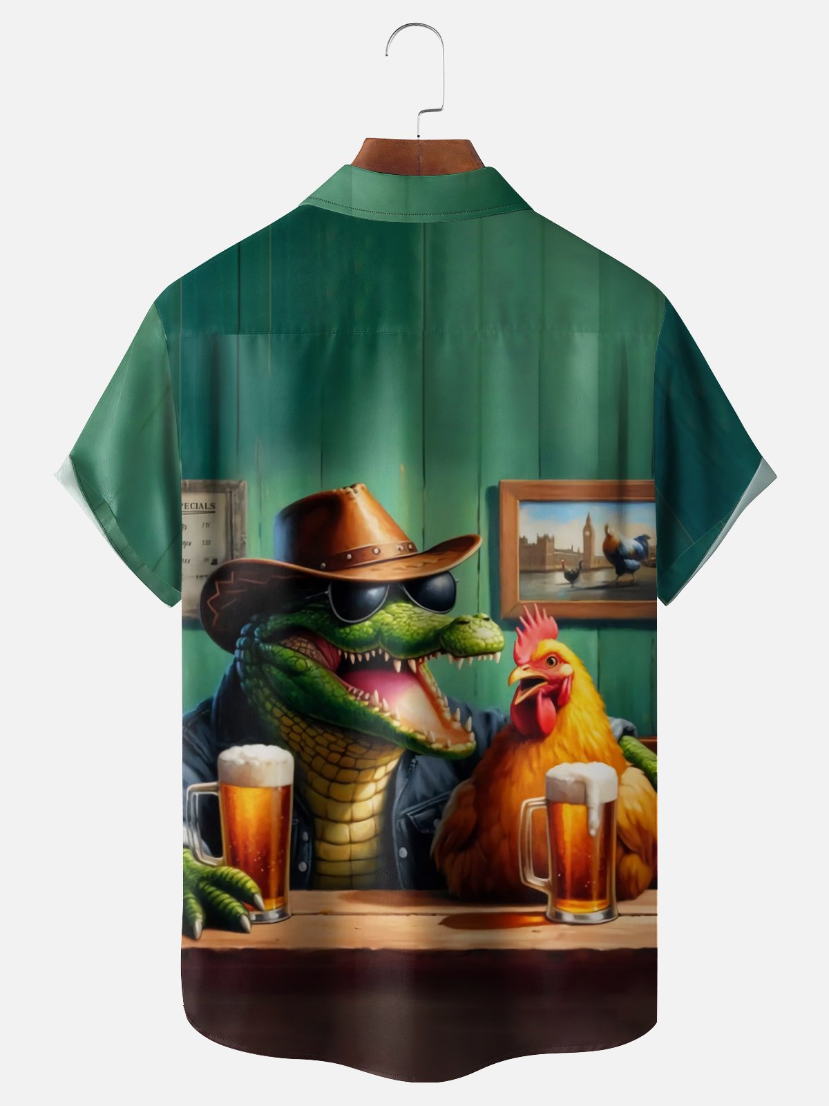 Moisture Wicking Fun Bar Croc Chicken Chest Pocket Hawaiian Shirt
