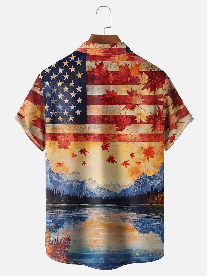 Tall Size Moisture-wicking American Flag Sunset Lake Chest Pocket Casual Shirt