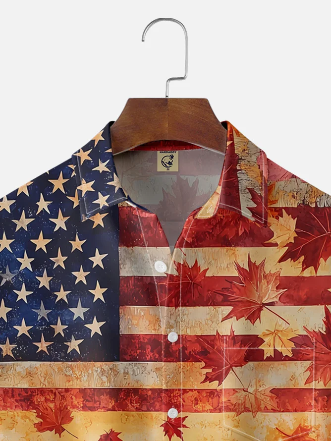 Tall Size Moisture-wicking American Flag Sunset Lake Chest Pocket Casual Shirt