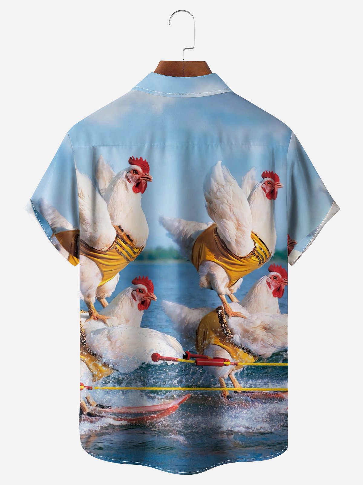 Moisture Wicking Fun Surf Chicken Chest Pocket Hawaiian Shirt