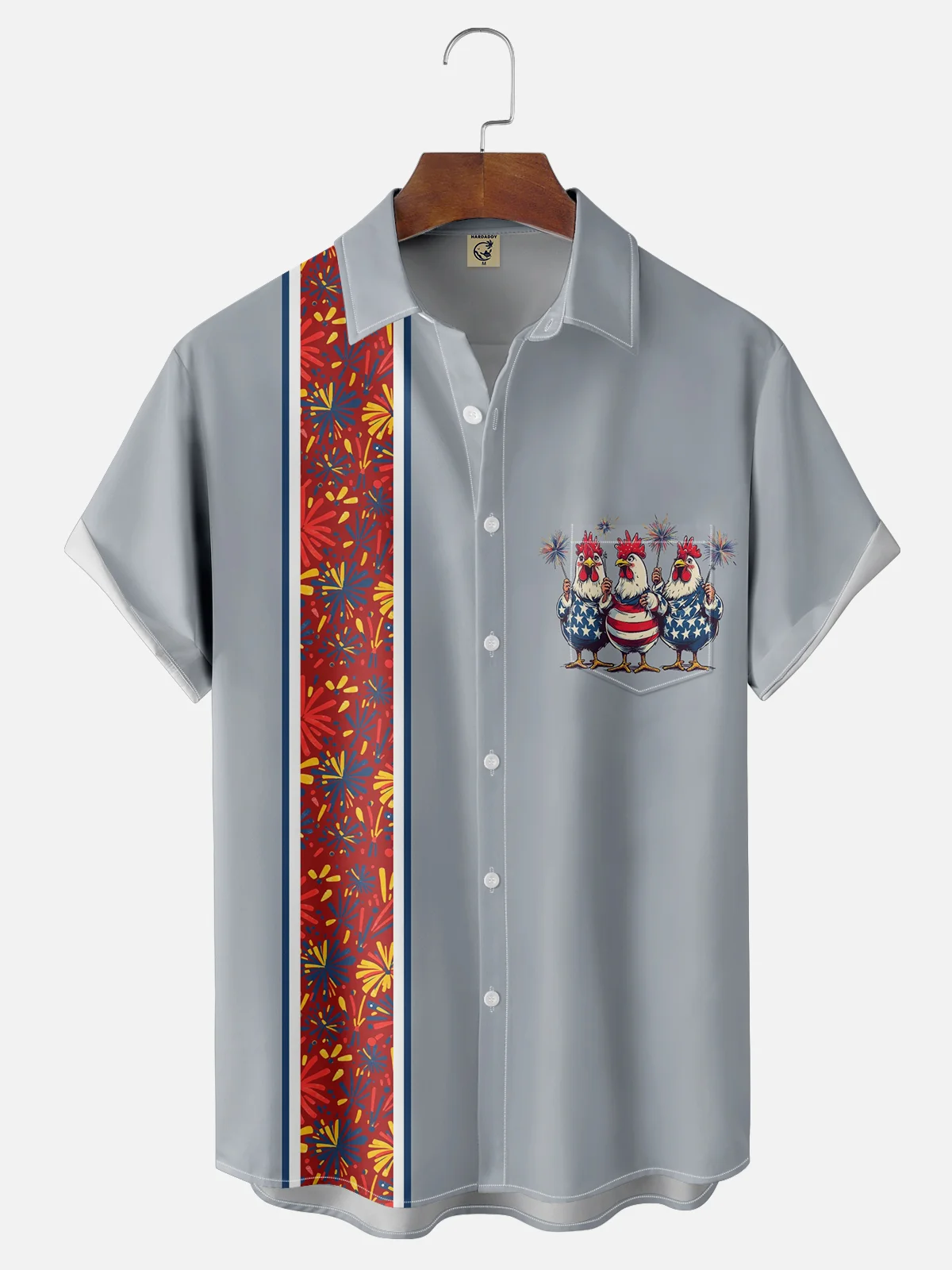 Moisture-wicking American National Day Chicken Chest Pocket Bowling Shirt