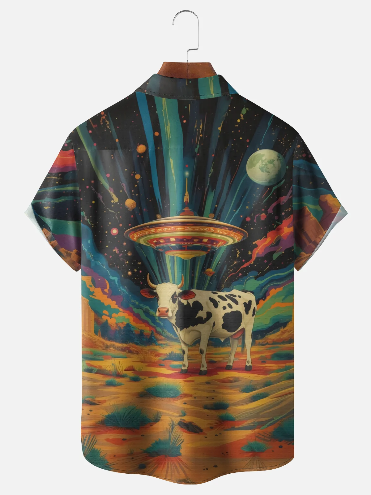 Moisture-wicking Cow Unidentified Flying Object Universe Chest Pocket Casual Shirt