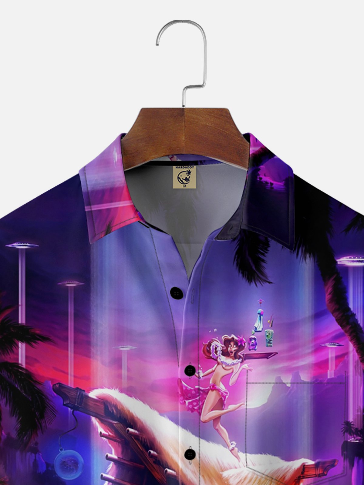 Moisture-wicking Hula Girl UFO Coconut Tree Chest Pocket Hawaiian Shirt
