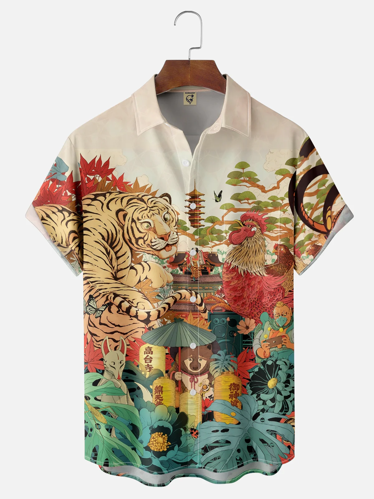 Moisture-wicking Tiger Rooster Japanese Culture Chest Pocket Casual Shirt
