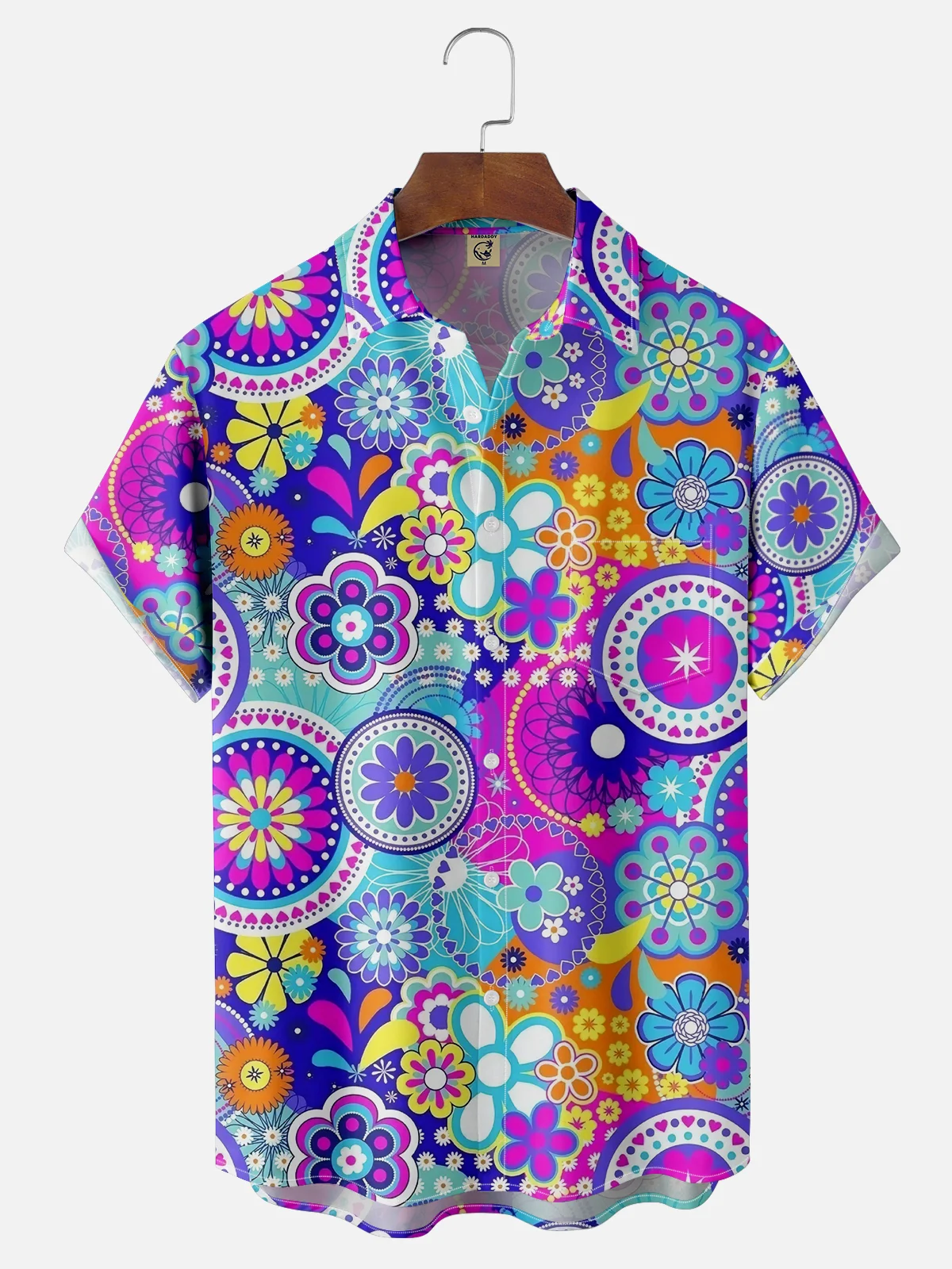 Moisture-wicking Flower Geometric Multicolor Chest Pocket Hawaiian Shirt
