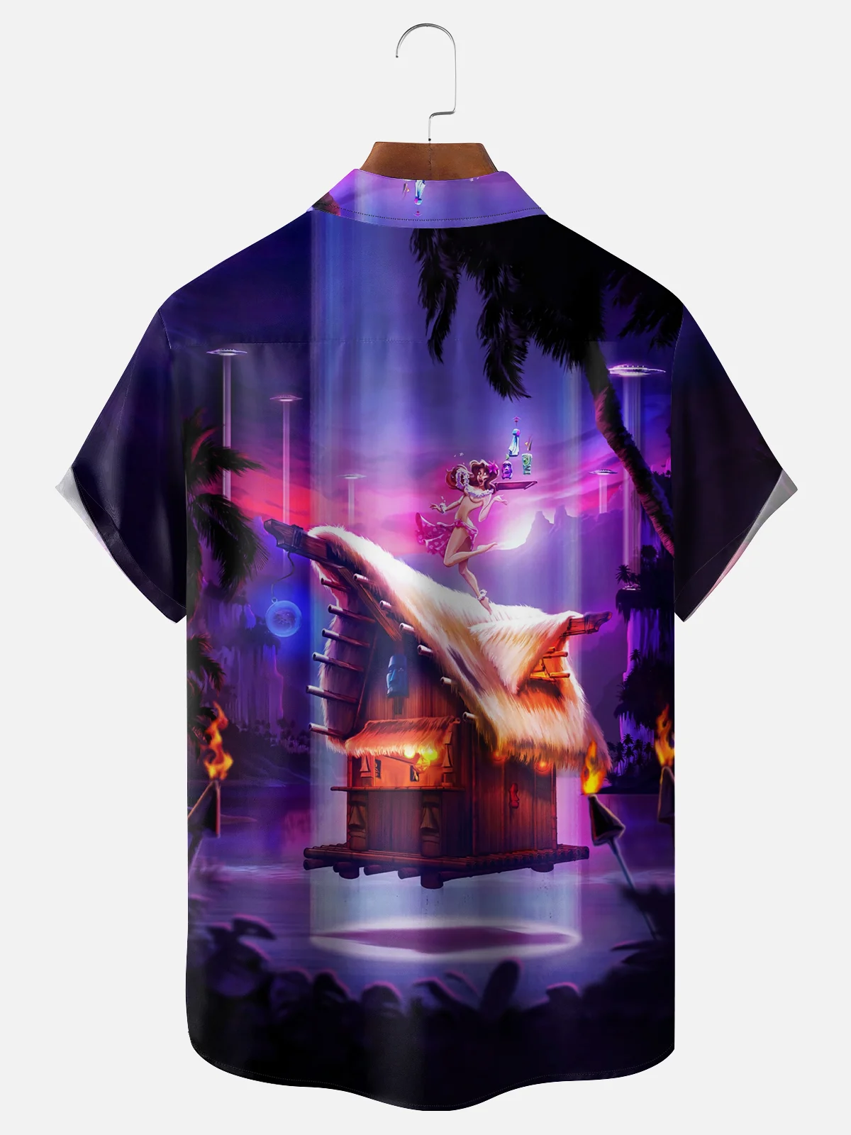 Moisture-wicking Hula Girl UFO Coconut Tree Chest Pocket Hawaiian Shirt