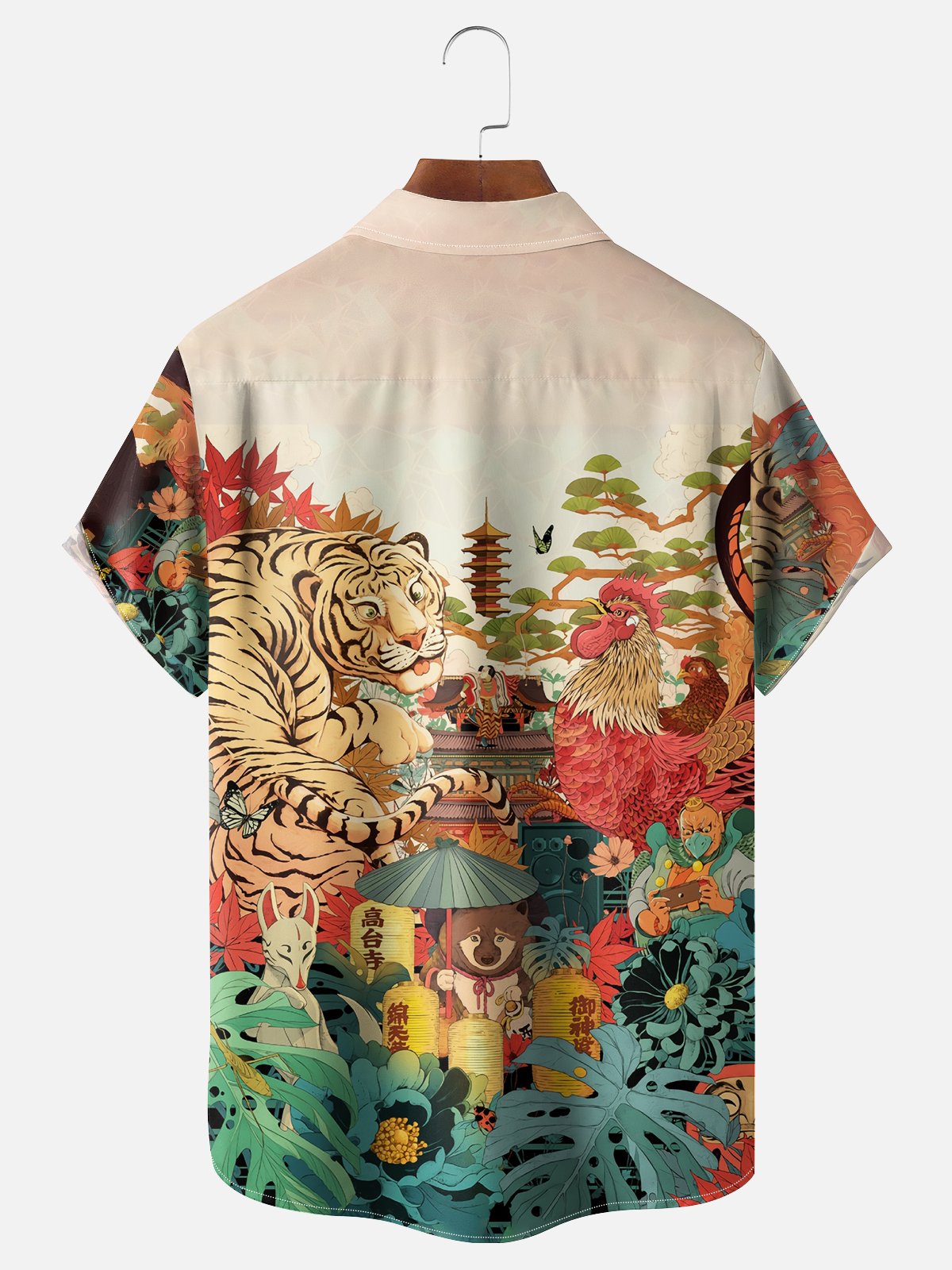 Moisture-wicking Tiger Rooster Japanese Culture Chest Pocket Casual Shirt