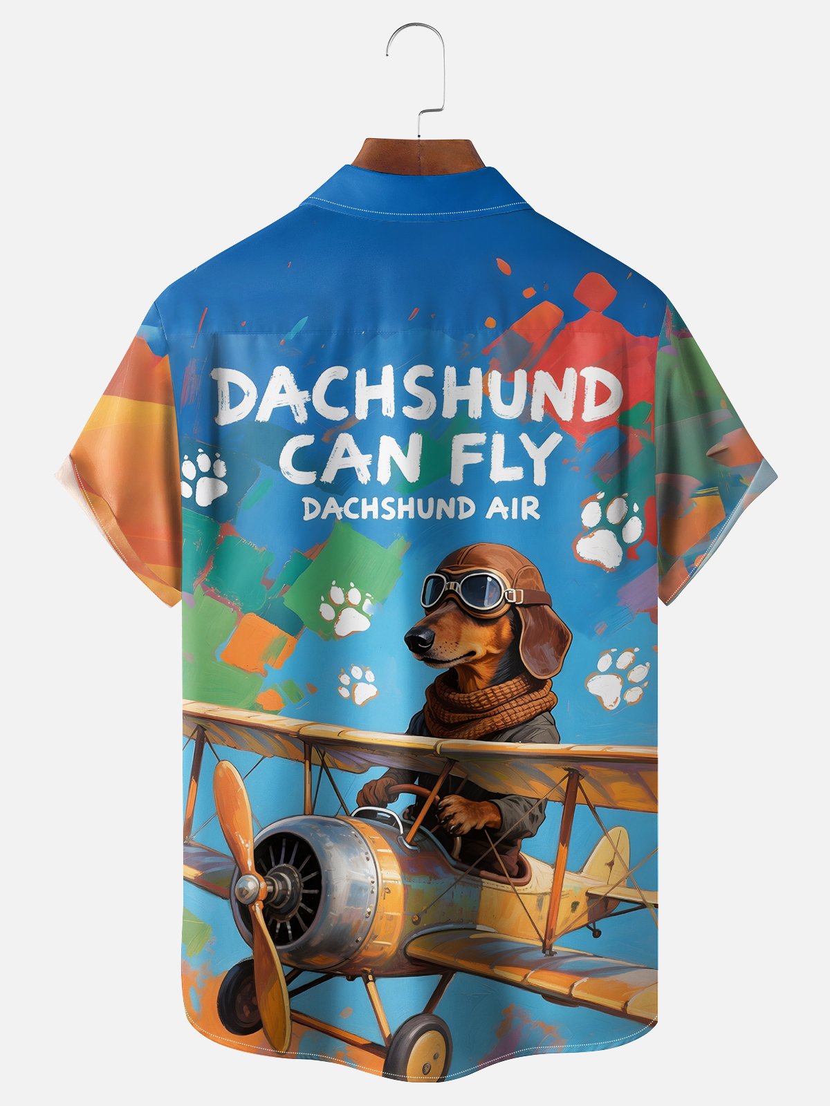 Moisture-wicking Dachshund Flying Plane Chest Pocket Hawaiian Shirt