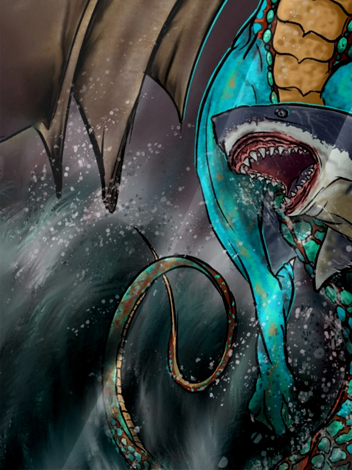 Hardaddy X Artist John Nelson Moisture-wicking Dragon vs Shark Chest Pocket Hawaiian Shirt
