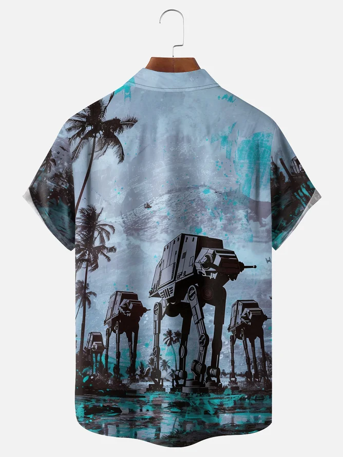 Tall Size Moisture-wicking Star Robot Chest Pocket Hawaiian Shirt