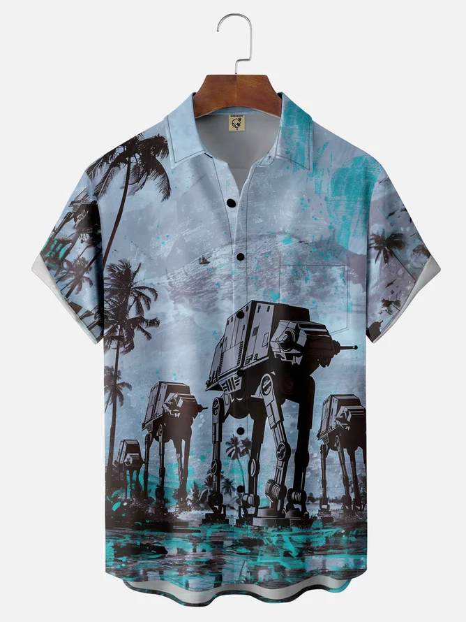 Tall Size Moisture-wicking Star Robot Chest Pocket Hawaiian Shirt