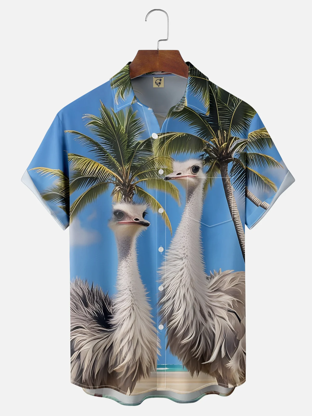 Moisture-wicking Palm Tree Ostrich Chest Pocket Hawaiian Shirt