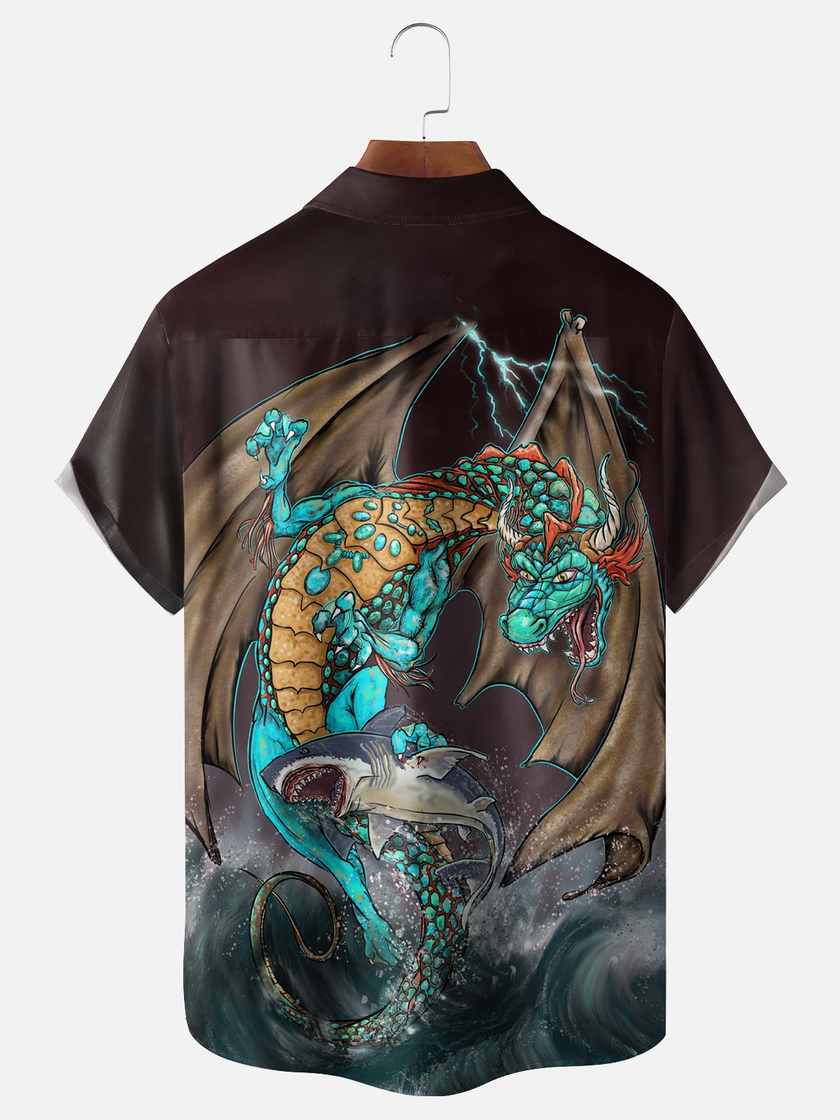 Hardaddy X Artist John Nelson Moisture-wicking Dragon vs Shark Chest Pocket Hawaiian Shirt