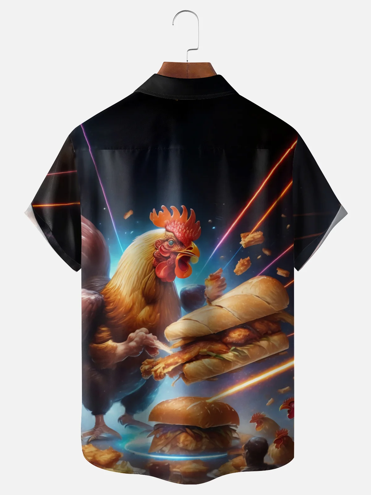 Moisture Wicking Fun Burger Hot Dog Chicken Chest Pocket Hawaiian Shirt