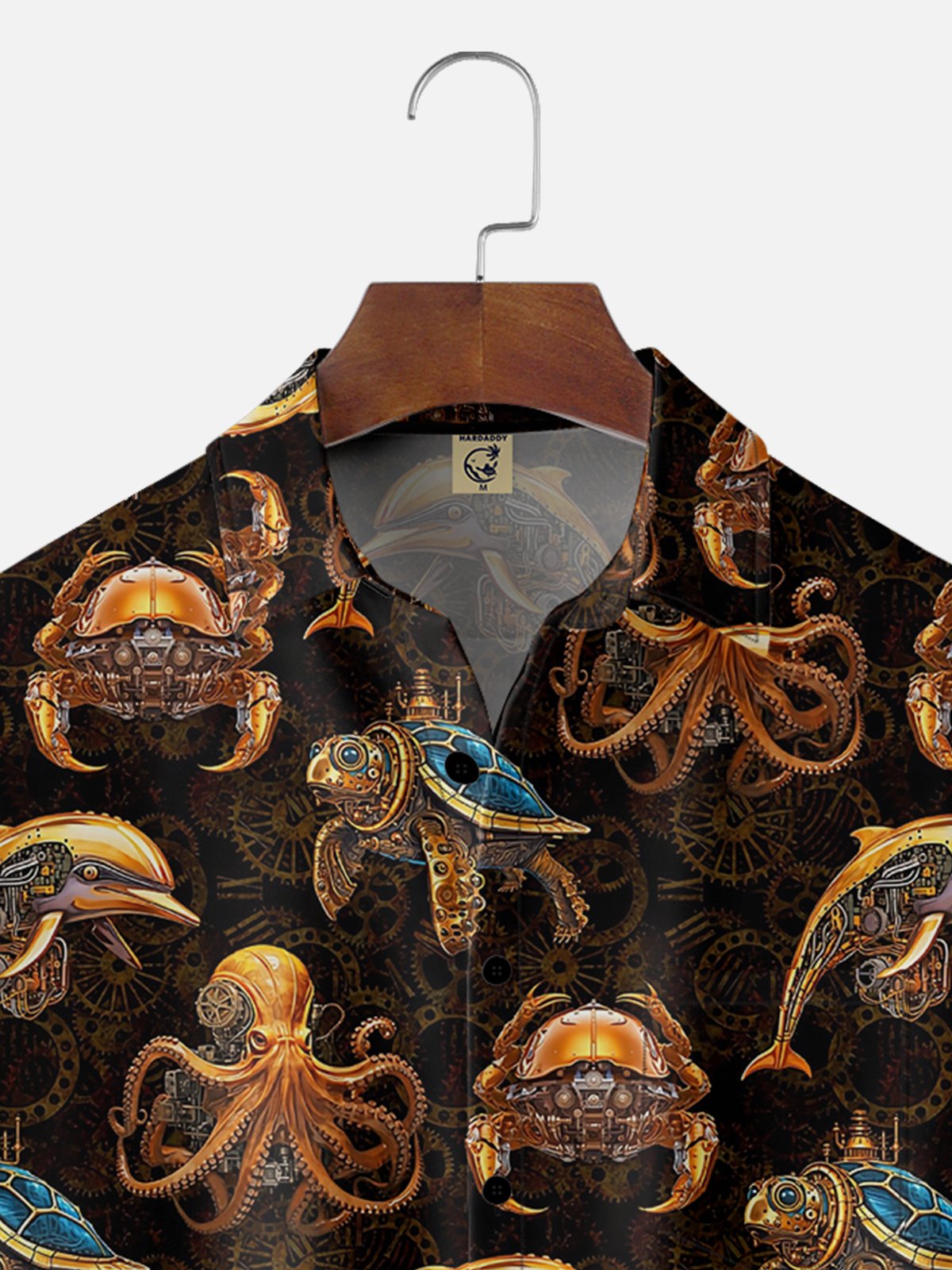 Moisture Wicking Metal Mechanical Octopus Turtle Crab Chest Pocket Hawaiian Shirt