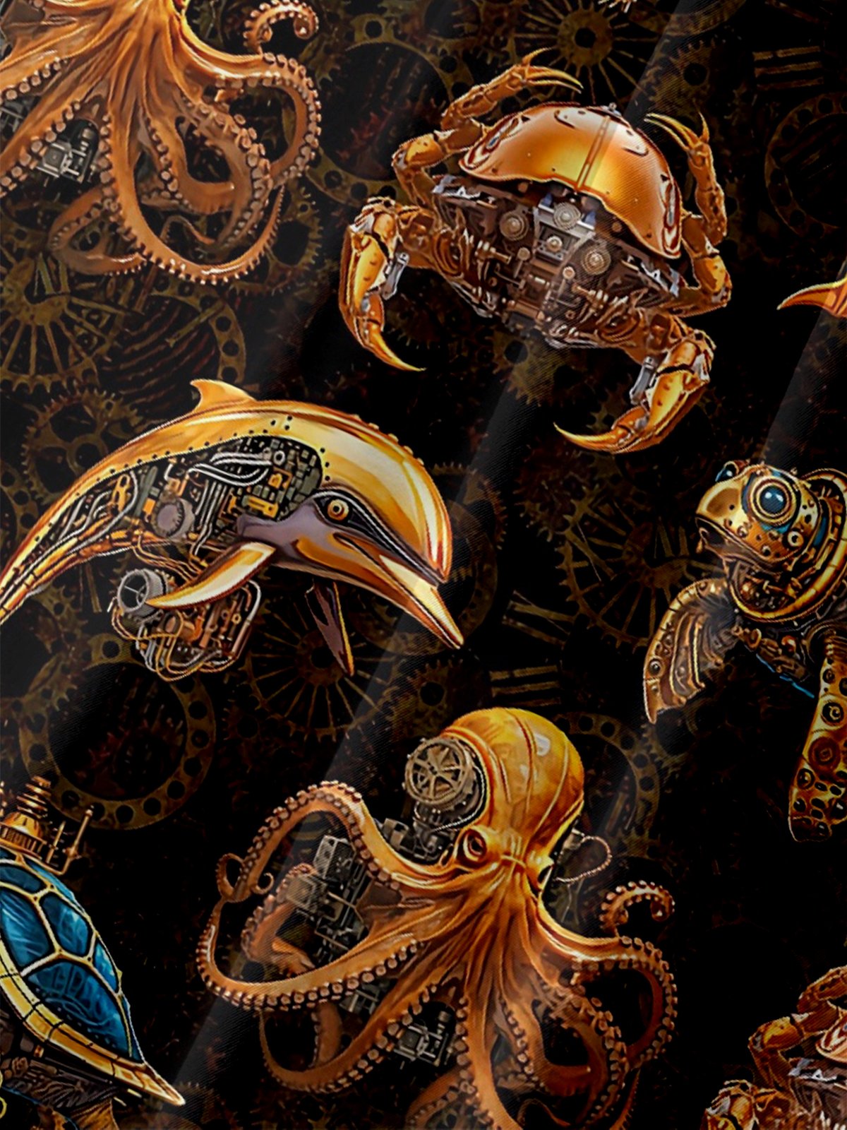 Moisture Wicking Metal Mechanical Octopus Turtle Crab Chest Pocket Hawaiian Shirt