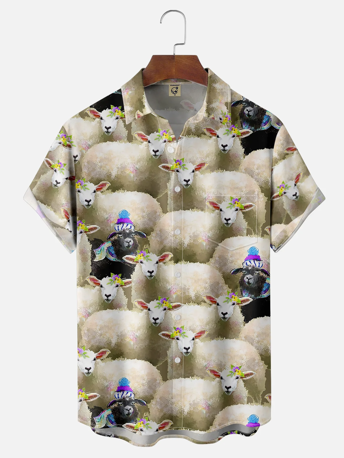 Moisture Wicking Black and White Sheep Chest Pocket Hawaiian Shirt
