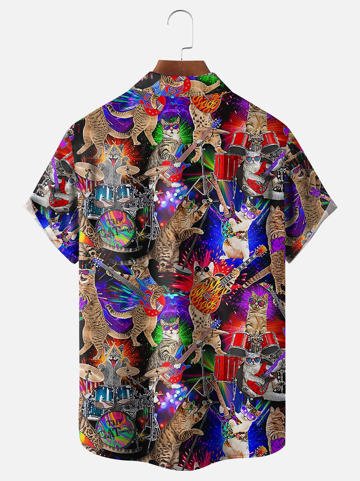 Moisture Wicking Music Guitar Cat Party Chest Pocket Hawaiian Shirt