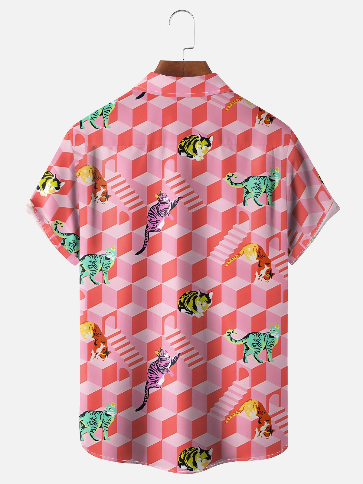 Moisture Wicking Geometric Cat Chest Pocket Hawaiian Shirt