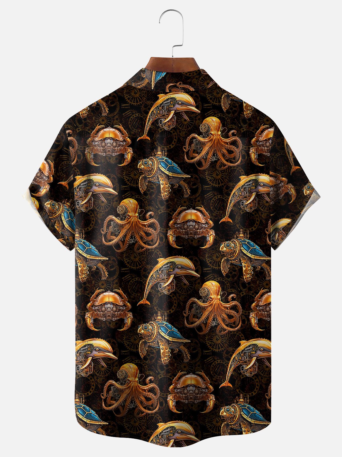 Moisture Wicking Metal Mechanical Octopus Turtle Crab Chest Pocket Hawaiian Shirt