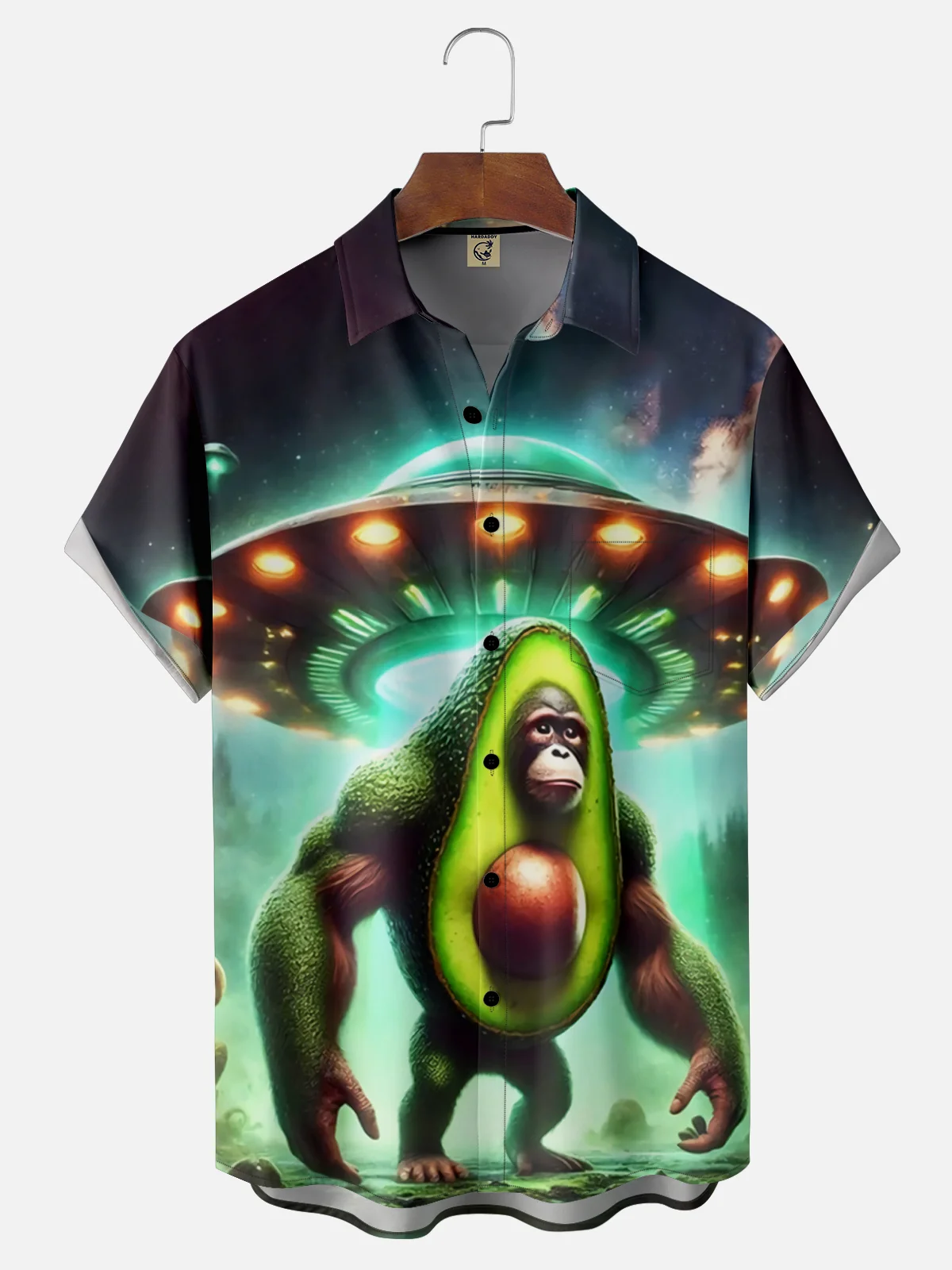 Moisture Wicking Alien UFO Avocado Gorilla Chest Pocket Hawaiian Shirt