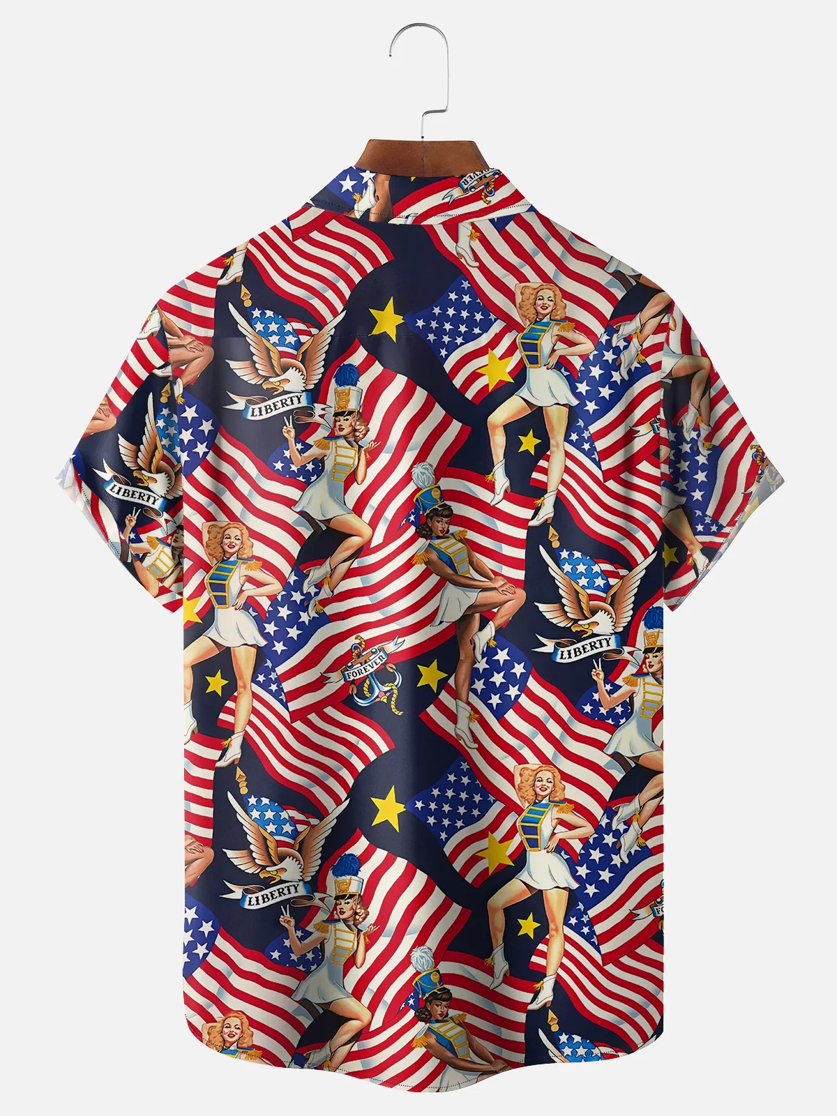 Moisture Wicking USA Flag Girl Chest Pocket Hawaii Shirt
