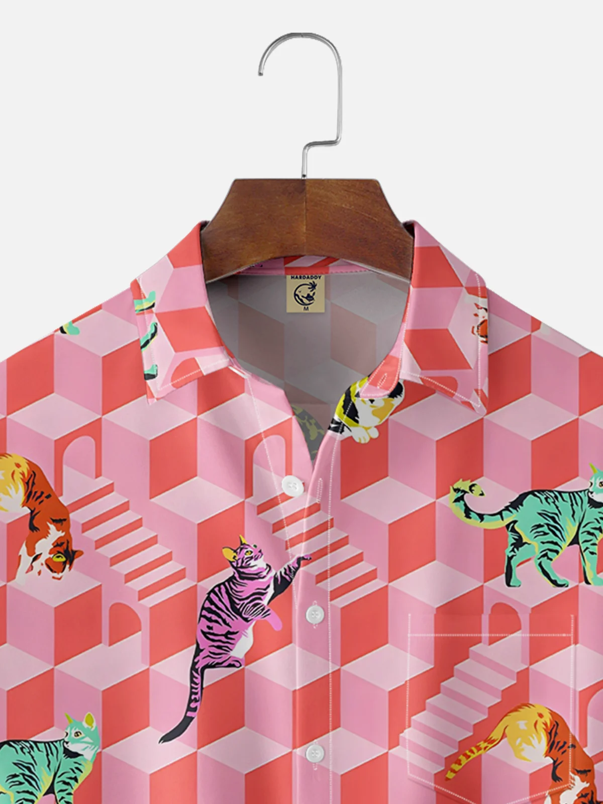 Moisture Wicking Geometric Cat Chest Pocket Hawaiian Shirt