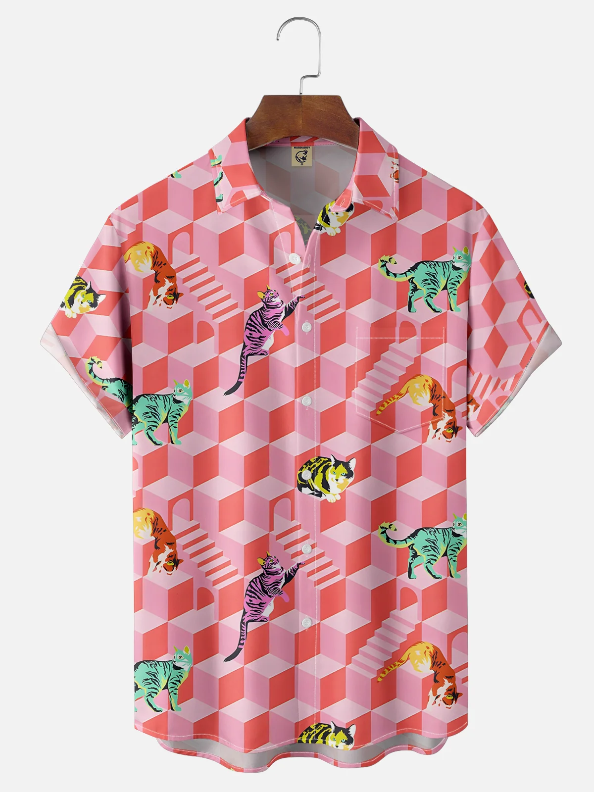 Moisture Wicking Geometric Cat Chest Pocket Hawaiian Shirt