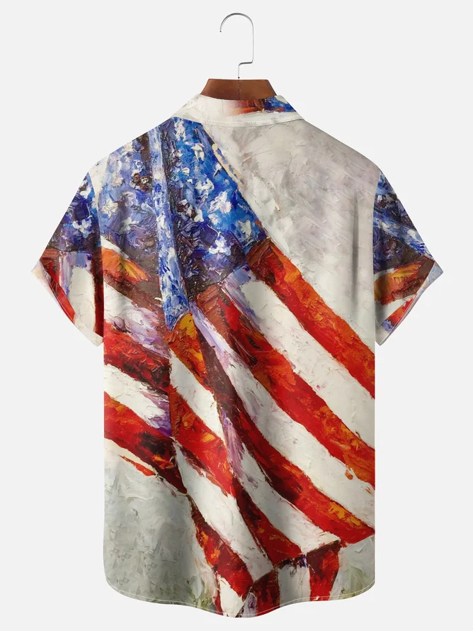 Tall Size Moisture-wicking American Flag Painted Chest Pocket Hawaiian Shirt